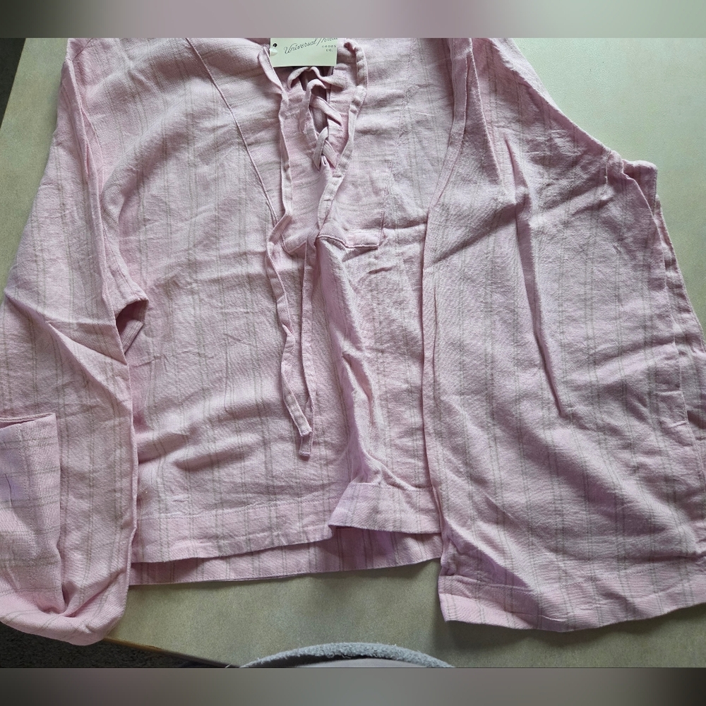NWT MISSES SZ XL UNIVERSAL THREAD Pink With Khaki Stripe Lace-Up Linen Blouse